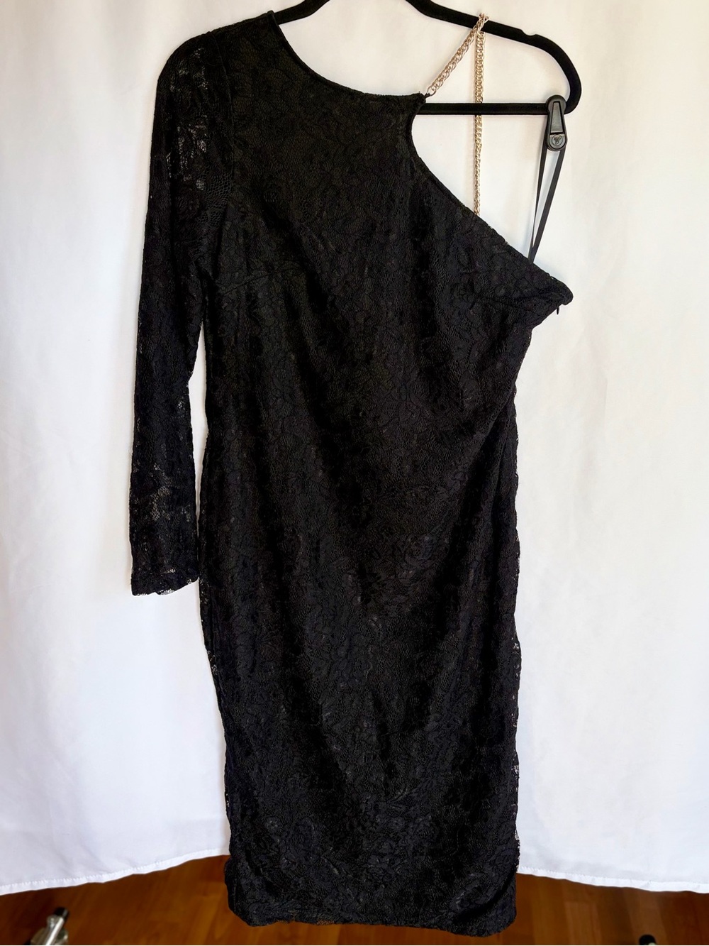 AX Paris Black One Shoulder Long Sleeve Lace Dress Gold Chain Strap Size 16